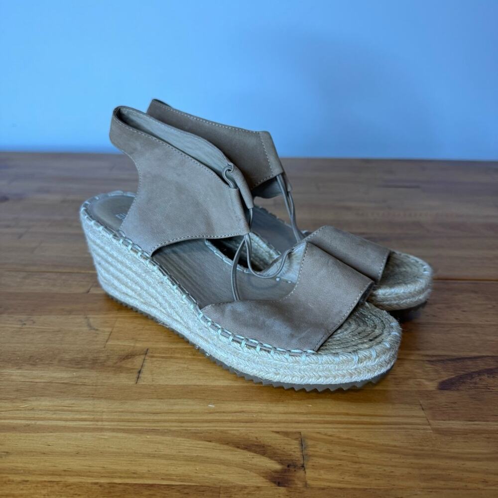 Eileen Fisher Agnes Espadrille Wedge Snadals Tan Leather Peep Toe Size 7.5